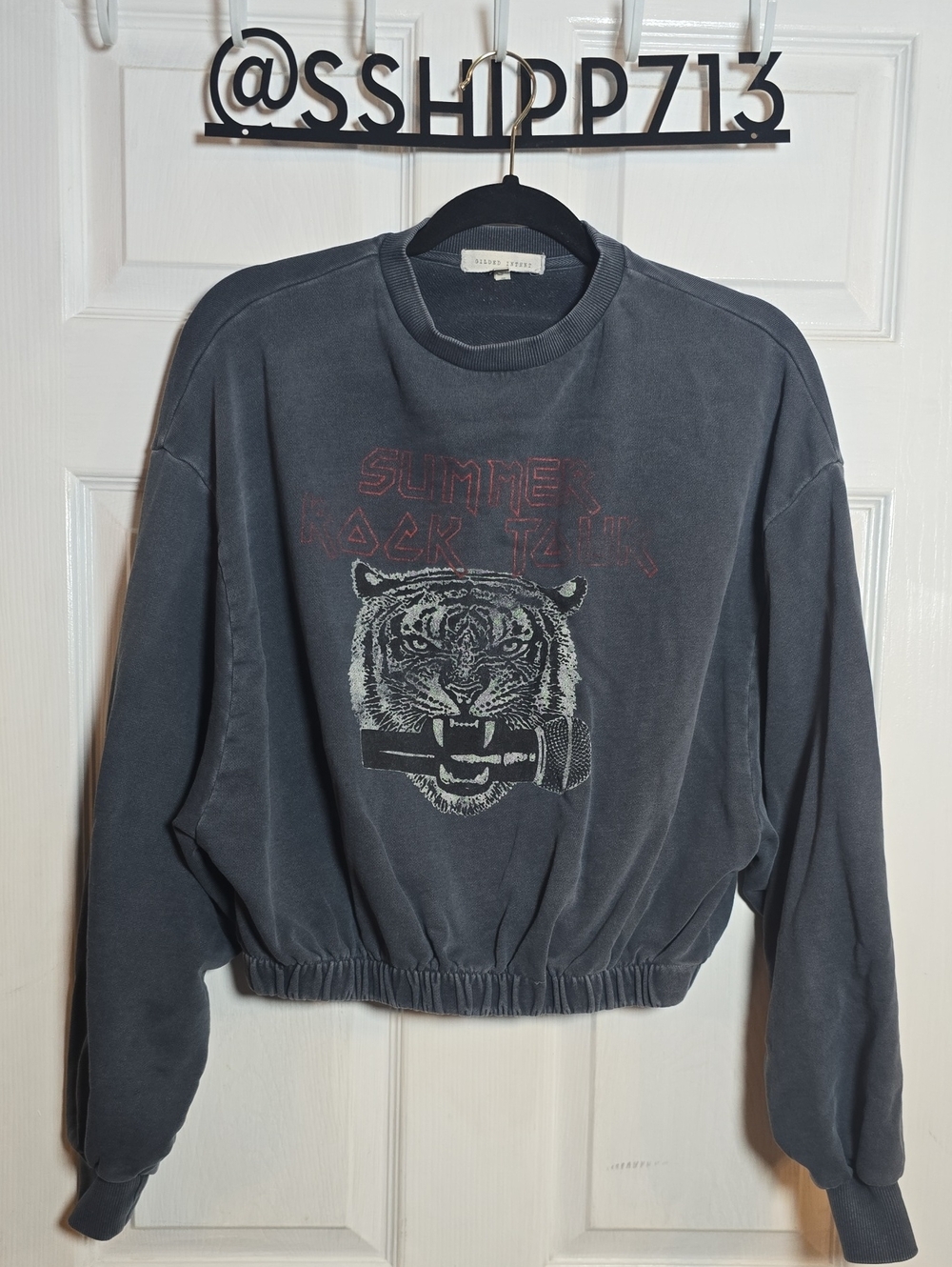 Gilded Intent M Medium Charcoal Gray Cropped Tiger Crewneck Sweatshirt